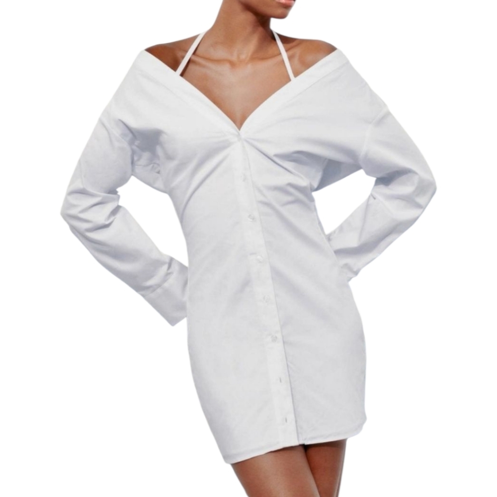 🌟NWT Zara White Off-Shoulder Shirt Dress Sz XS